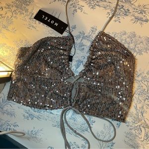 Motel Rocks silver sequin lace up corset crop top